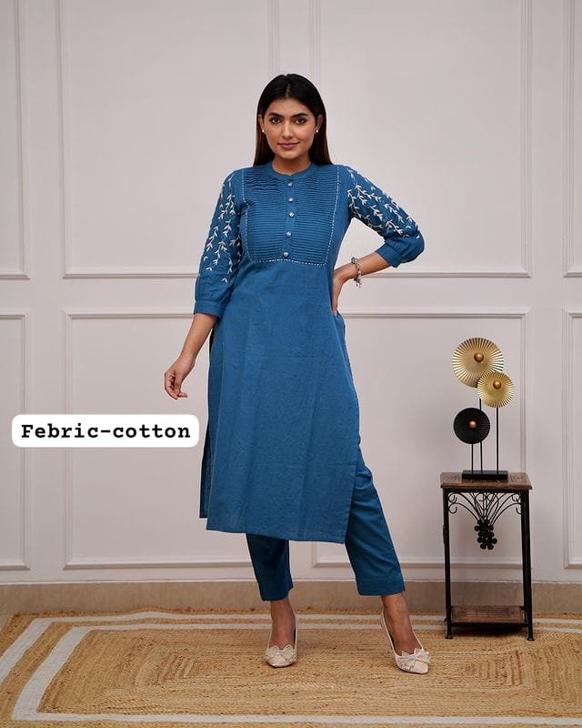 Blue Kurti Pant Set with Embroidery & Pintex Detailing